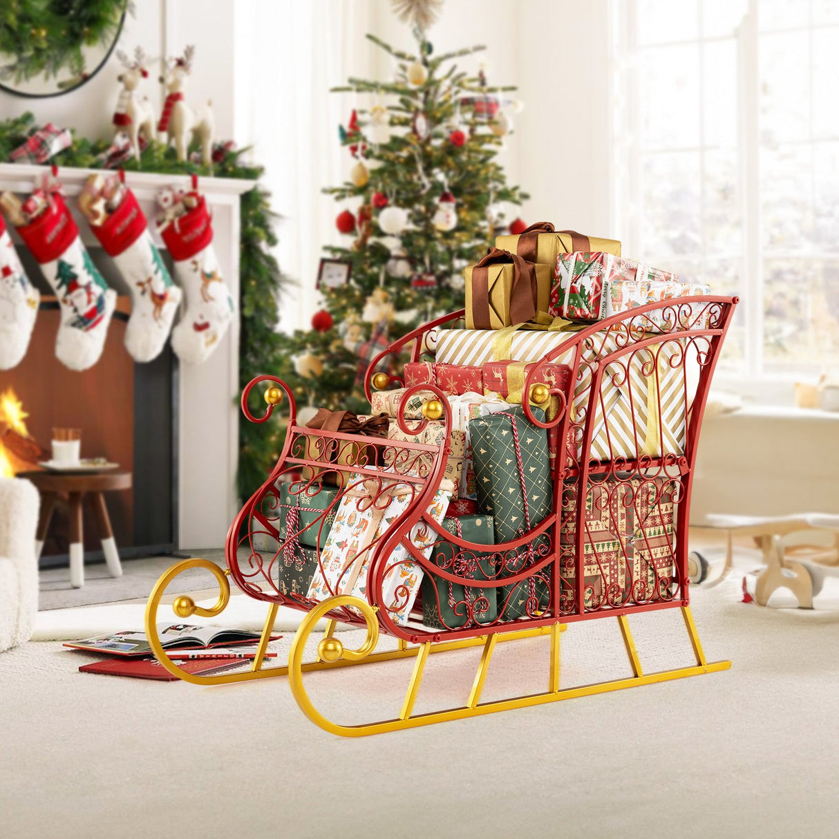 Cesto metálico de Papá Noel para Navidad de 2 niveles, trineo de almacenamiento de regalos de Papá Noel
