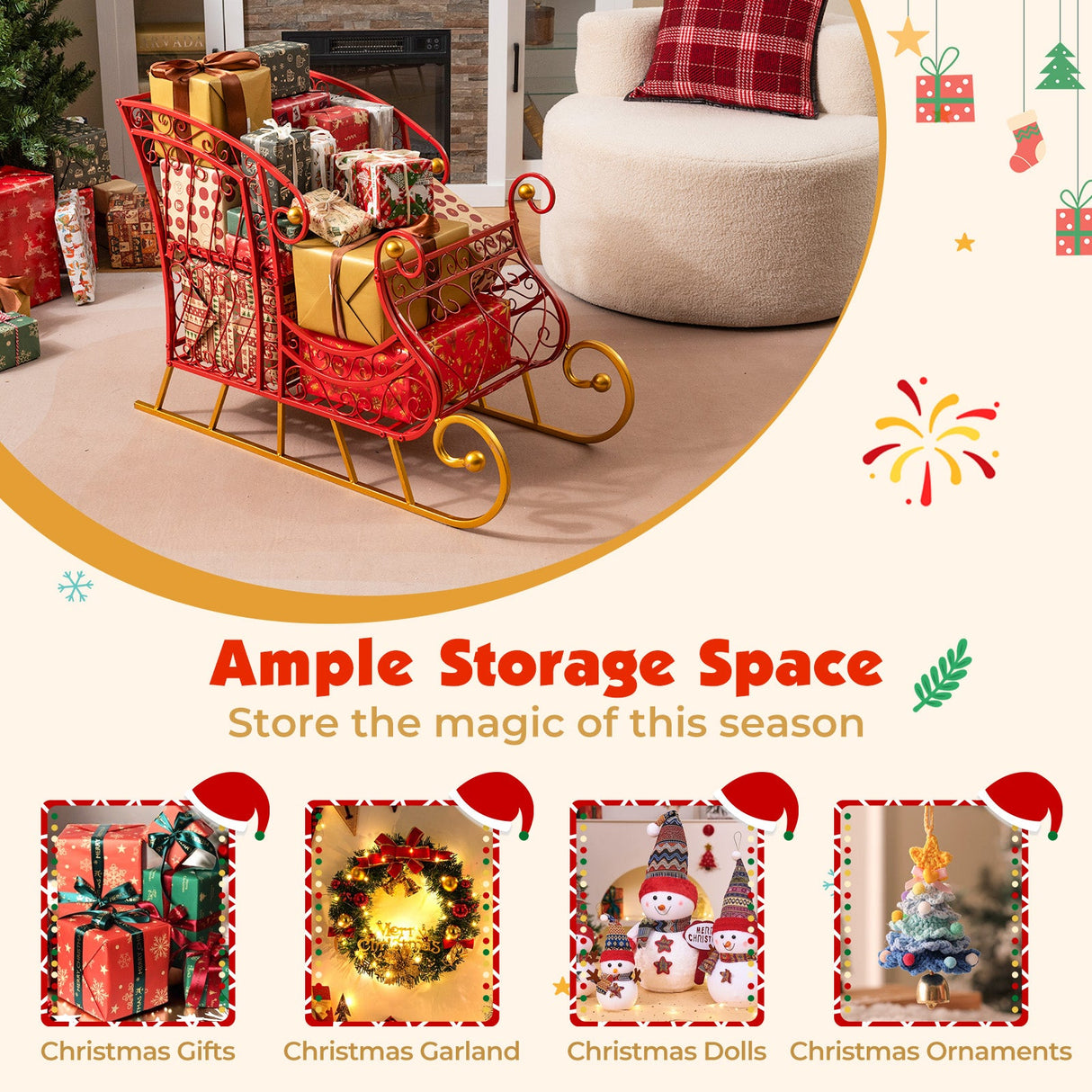 Cesto metálico de Papá Noel para Navidad de 2 niveles, trineo de almacenamiento de regalos de Papá Noel