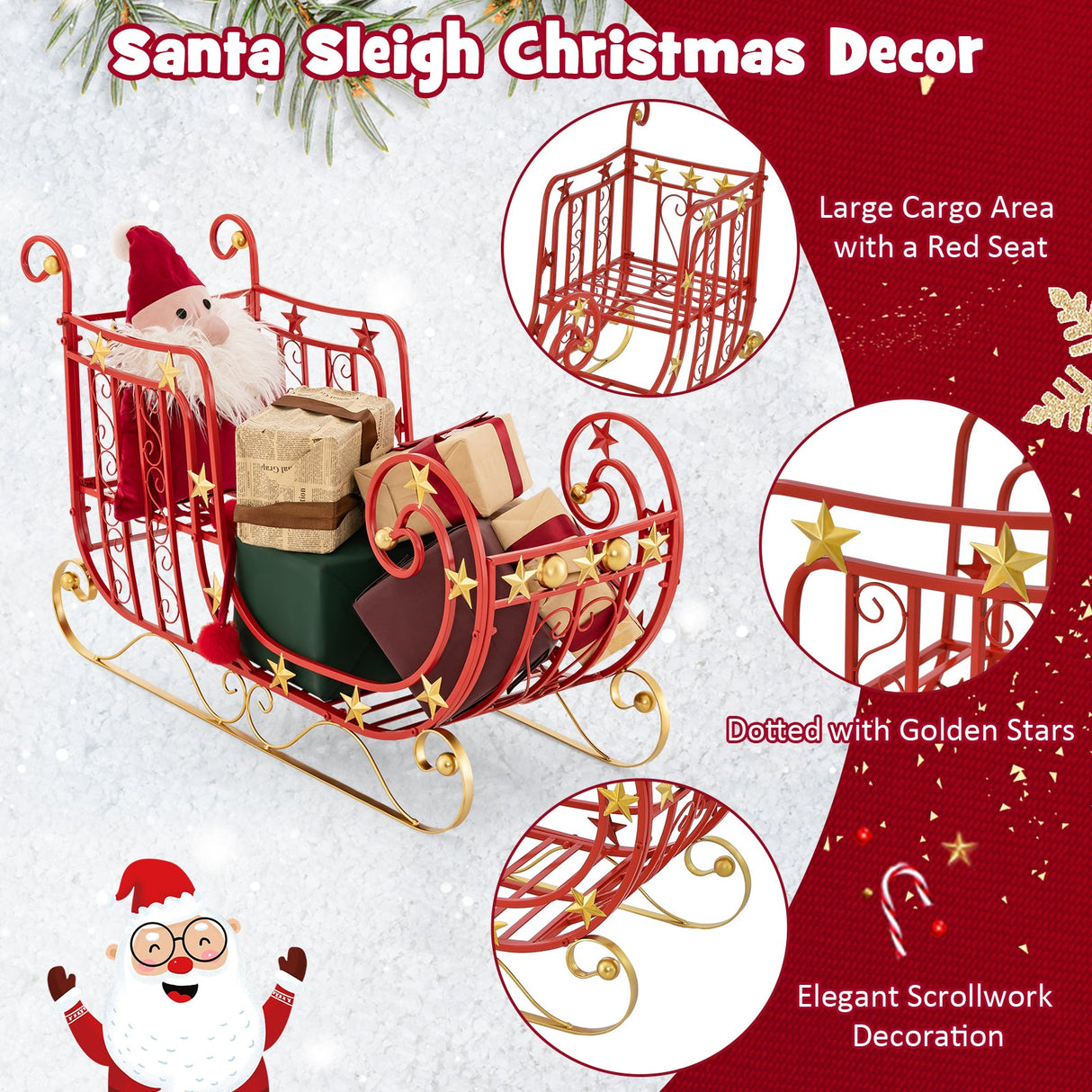 Trineo de metal de Papá Noel con gran área de carga para regalos