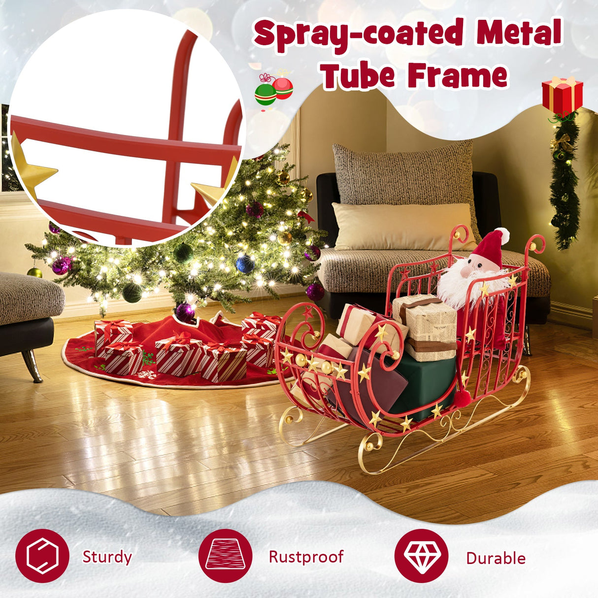 Trineo de metal de Papá Noel con gran área de carga para regalos