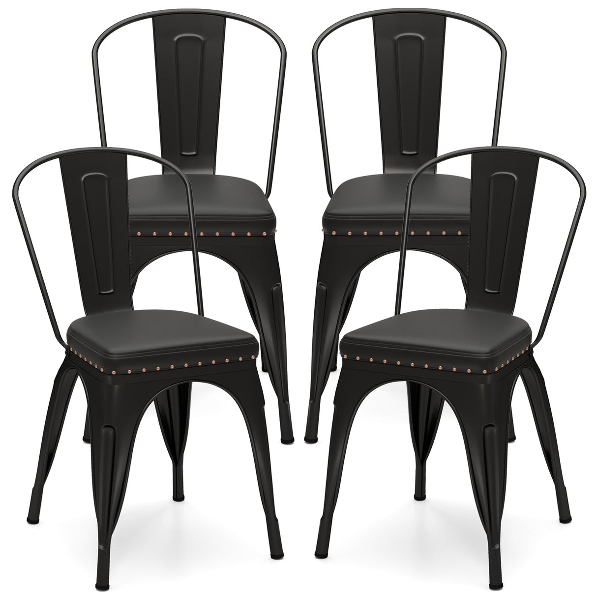 Juego de 4 sillas de comedor metálicas apilables con respaldo extraíble y asiento acolchado de cuero sintético - Negro