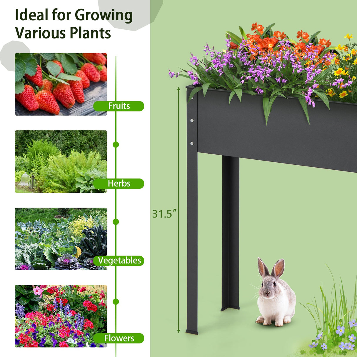 Huerto Urbano Metálico Elevado con Patas y Orificio de Drenaje para Verduras y Flores - 101,6 x 27,9 x 80 cm