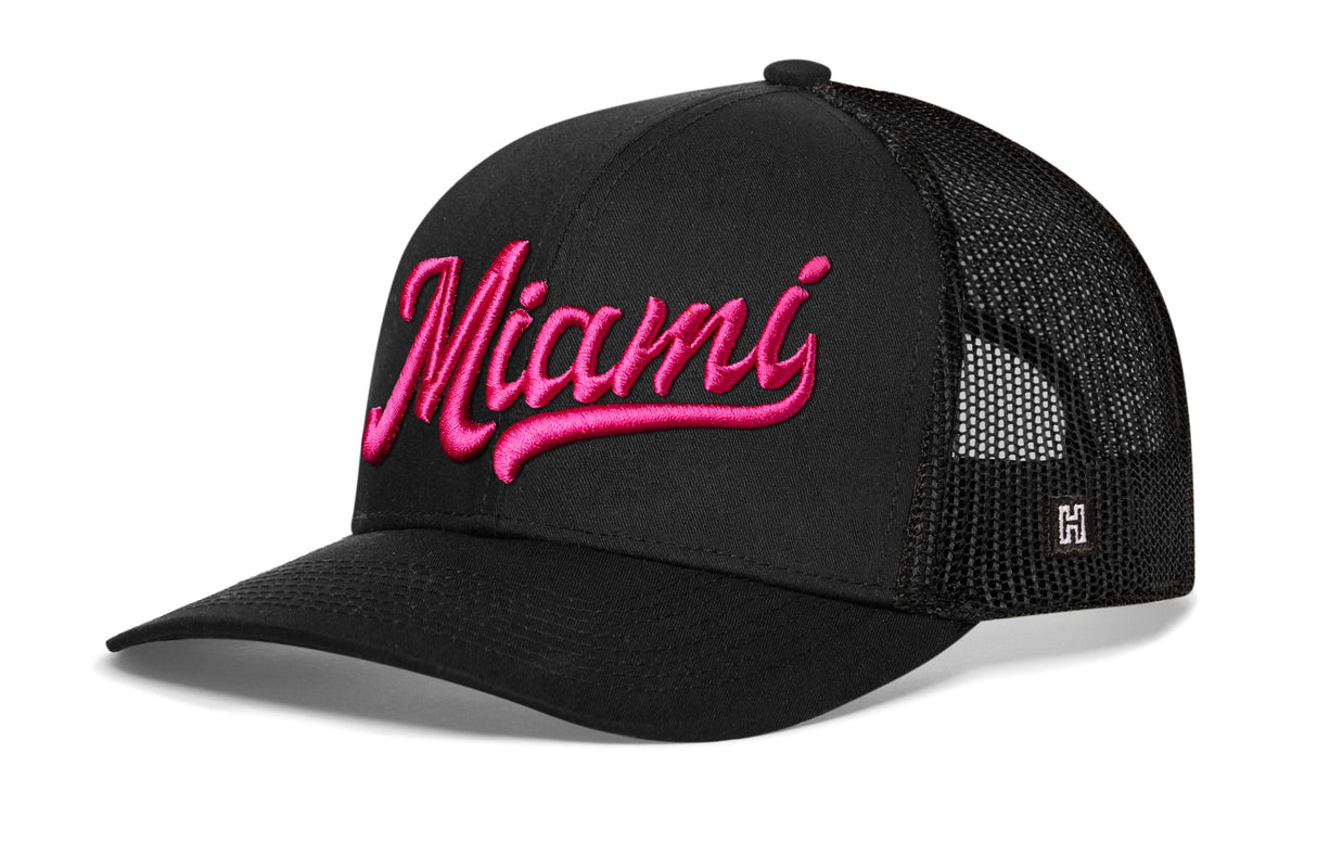 Miami Hot Pink Script Trucker Hat | Florida Snapback