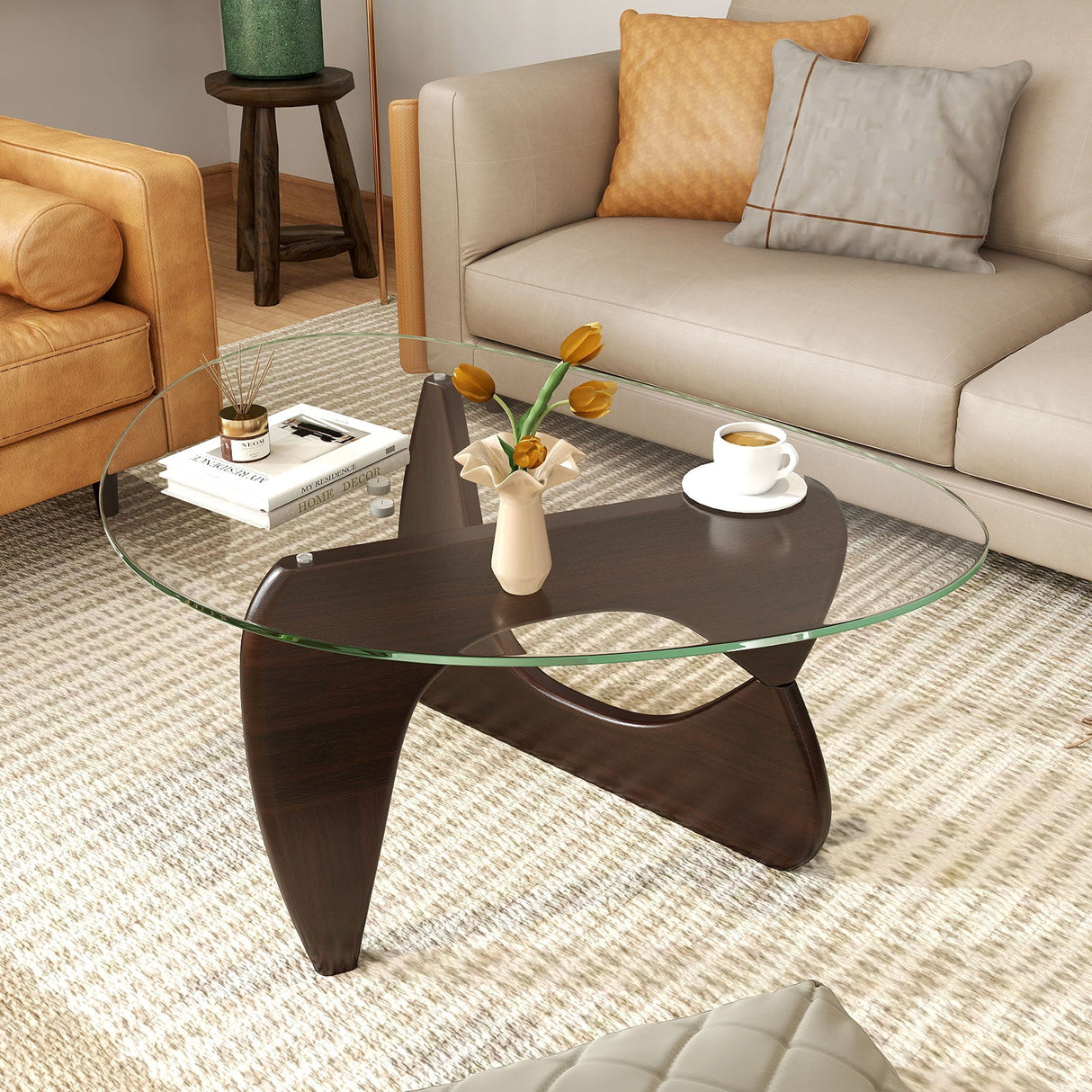 Mesa de centro triangular con tapa de cristal templado y base ajustable de madera de caucho