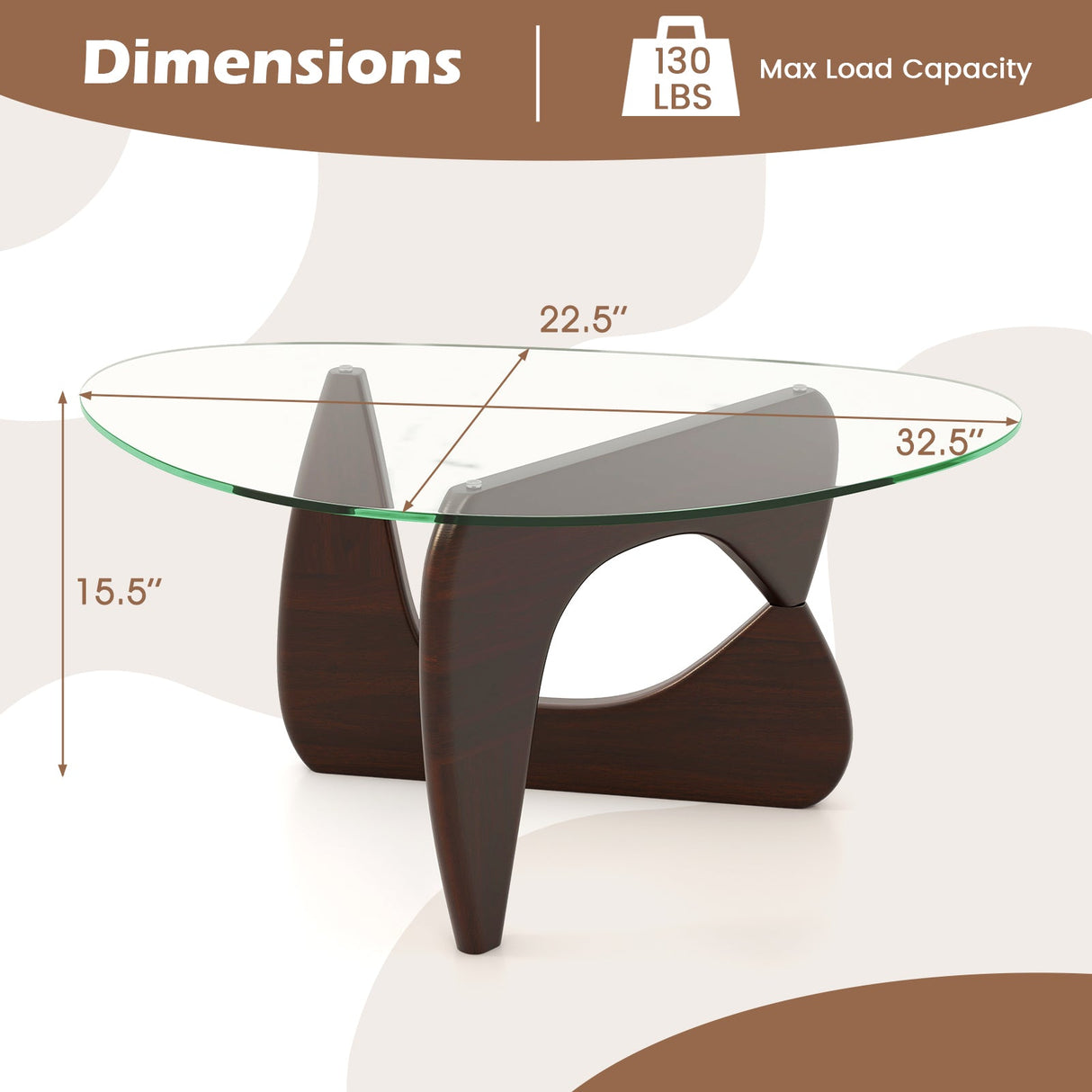 Mesa de centro triangular con tapa de cristal templado y base ajustable de madera de caucho