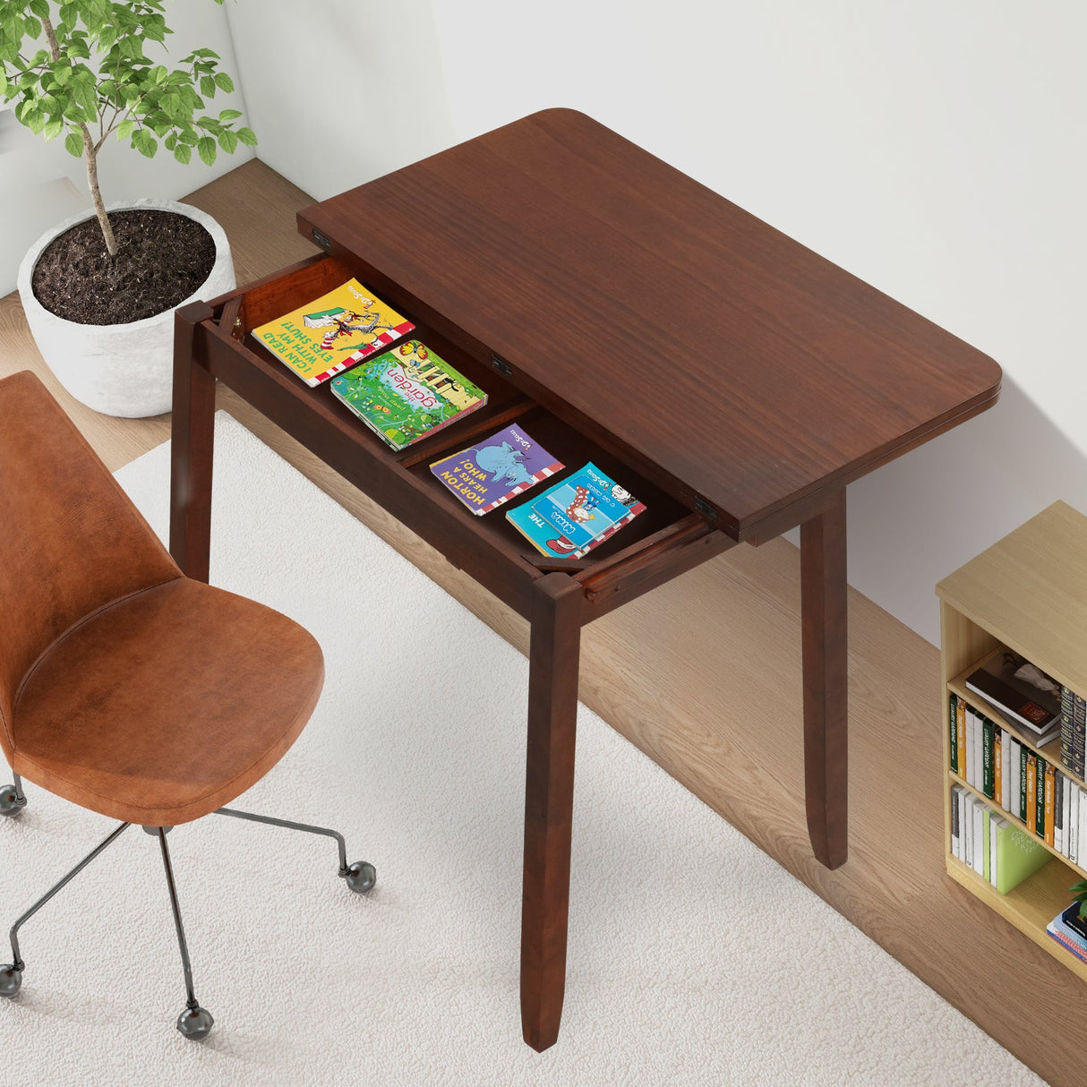Mesa de comedor plegable de mediados de siglo para 4 personas, mesa de cocina extensible con almacenamiento oculto - Marrón