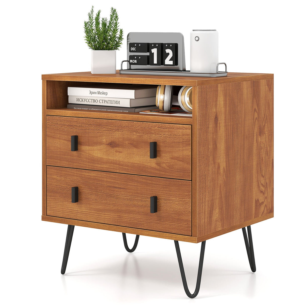 Mesita de Noche Mid Century Moderna con 2 Cajones y Compartimento de Almacenamiento - Nogal