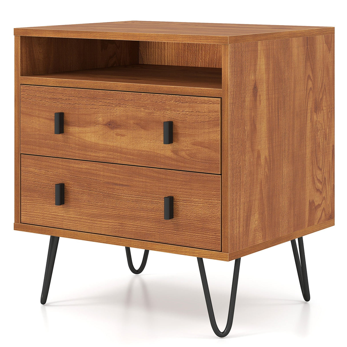 Mesita de Noche Mid Century Moderna con 2 Cajones y Compartimento de Almacenamiento - Nogal