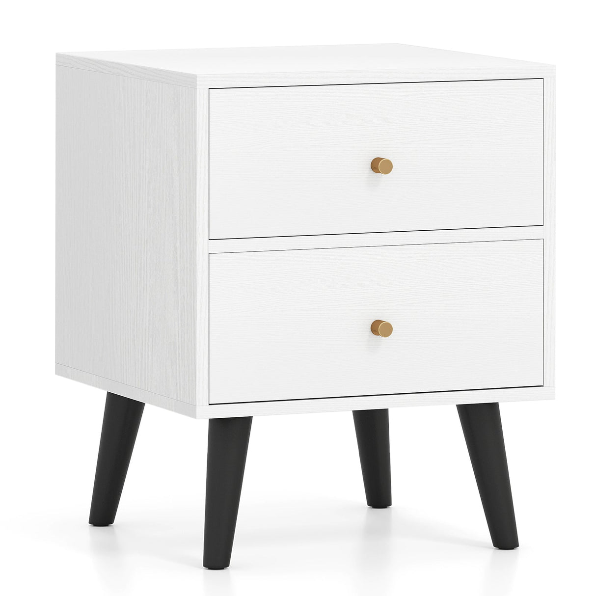 Mesita de noche Mid Century Modern con pomos dorados y patas de soporte elevadas - Blanco