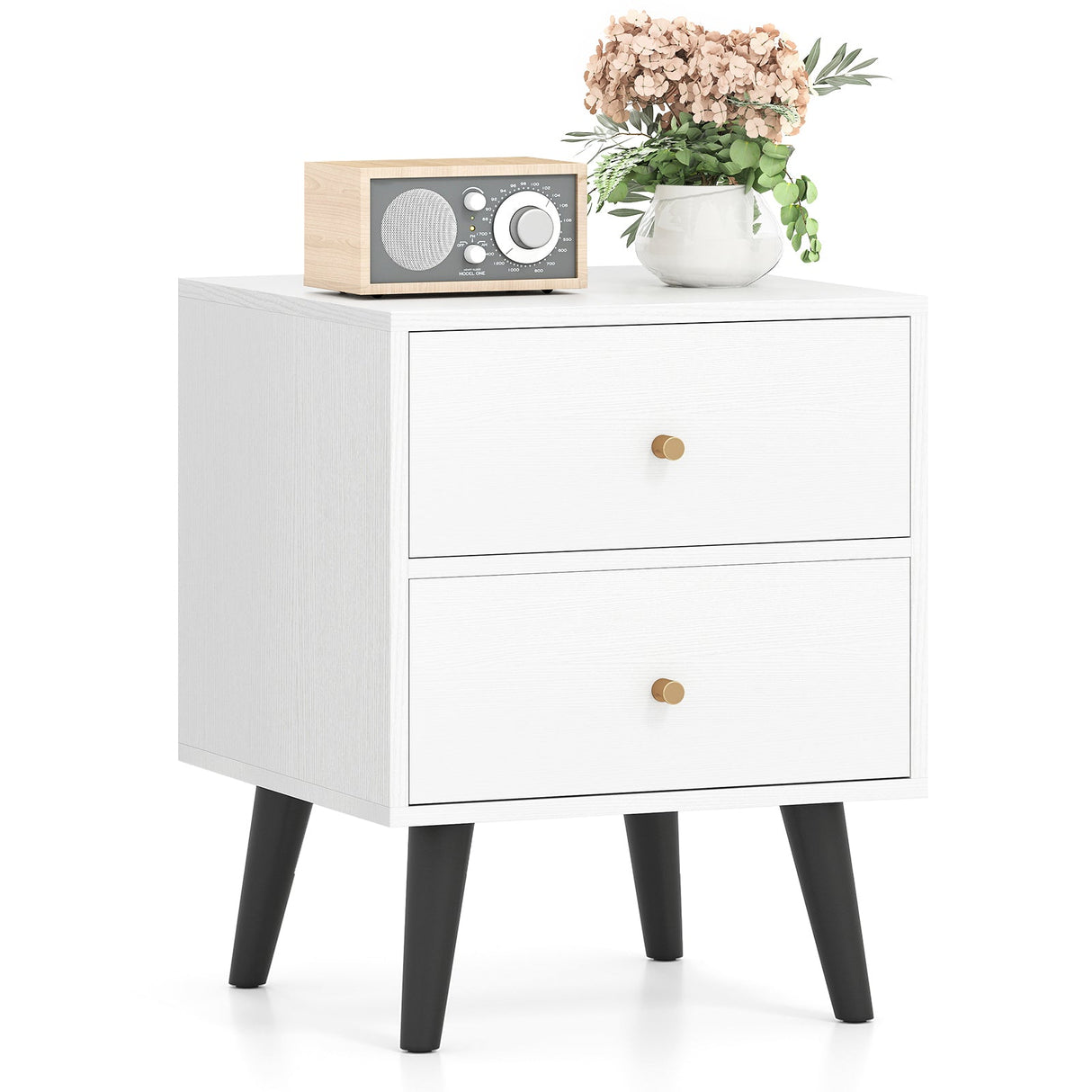 Mesita de noche Mid Century Modern con pomos dorados y patas de soporte elevadas - Blanco