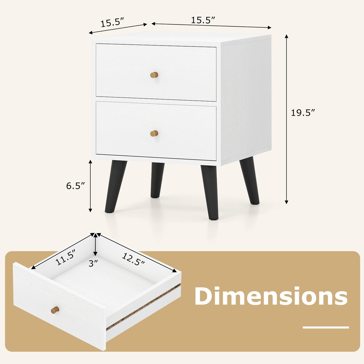 Mesita de noche Mid Century Modern con pomos dorados y patas de soporte elevadas - Blanco
