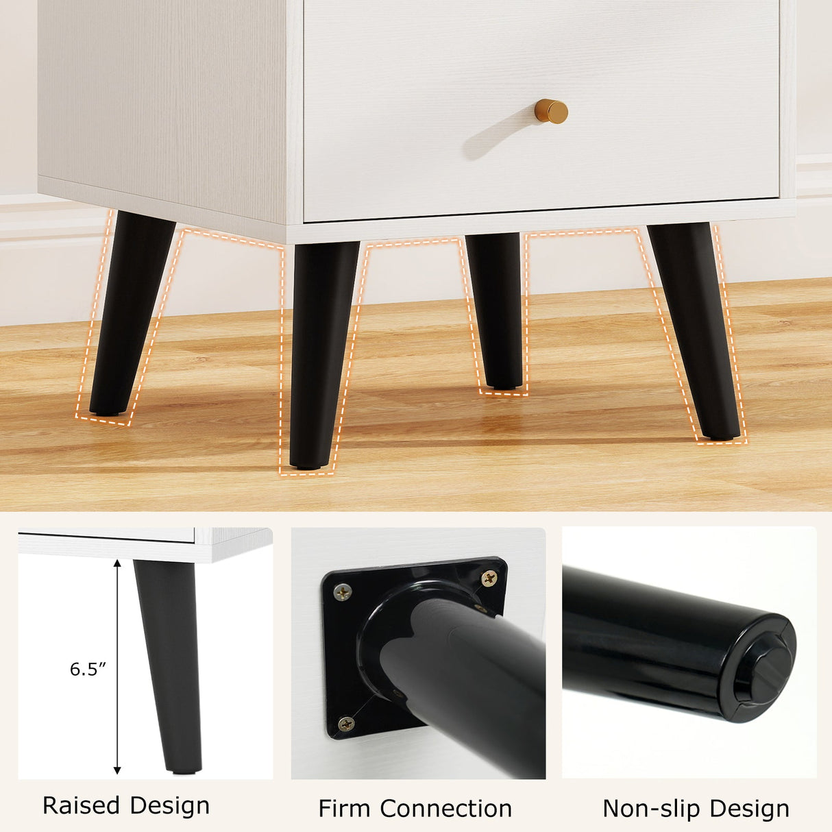 Mesita de noche Mid Century Modern con pomos dorados y patas de soporte elevadas - Blanco