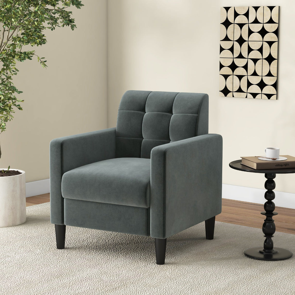 Sillón de terciopelo de mediados de siglo con respaldo capitoné - Gris