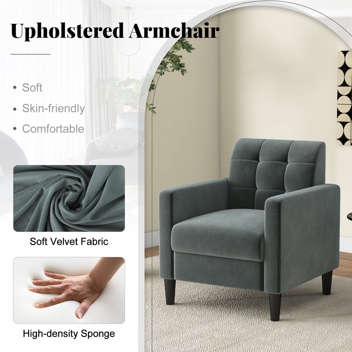 Sillón de terciopelo de mediados de siglo con respaldo capitoné - Gris