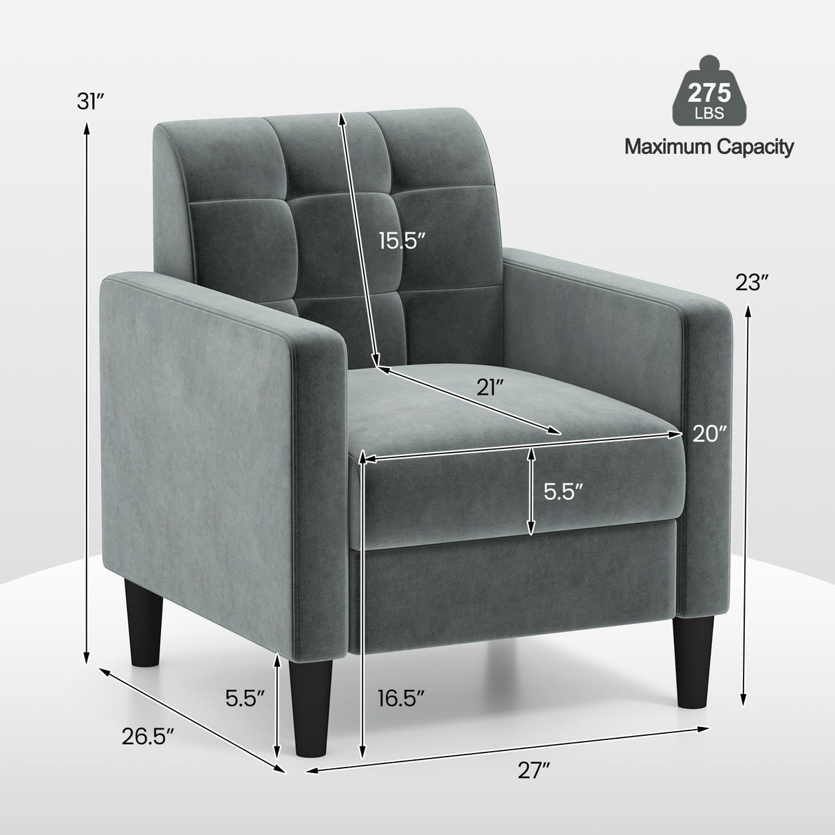 Sillón de terciopelo de mediados de siglo con respaldo capitoné - Gris