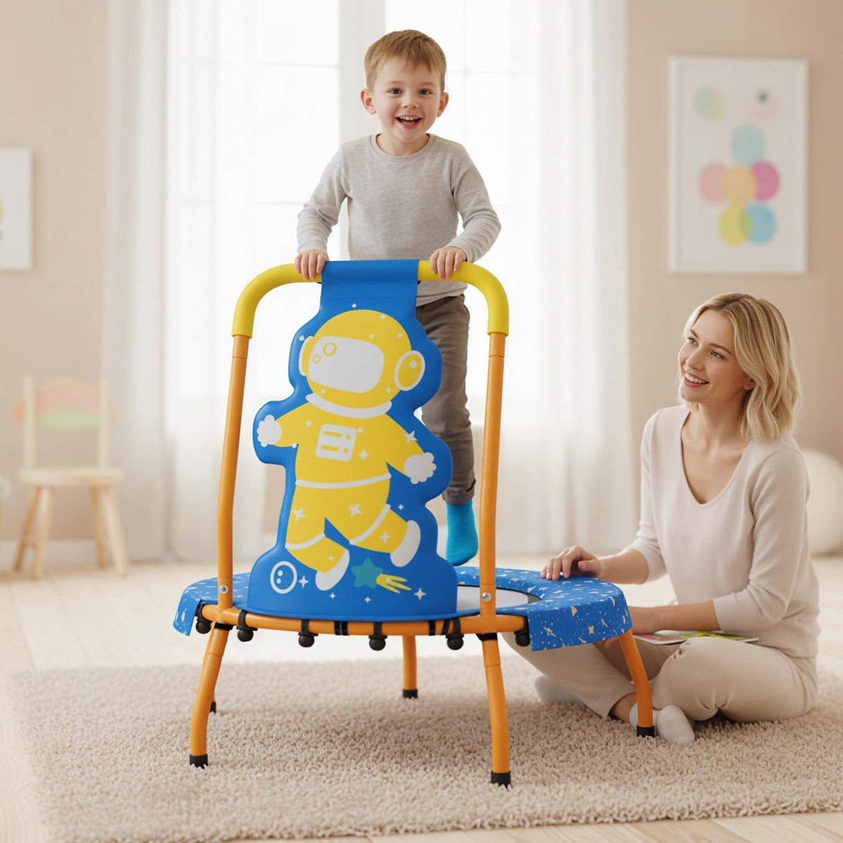 Minitrampolín para niños pequeños con mango acolchado de espuma y cubierta de seguridad acolchada
