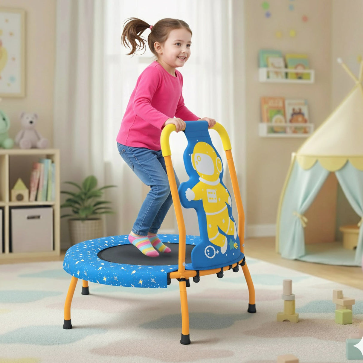 Minitrampolín para niños pequeños con mango acolchado de espuma y cubierta de seguridad acolchada