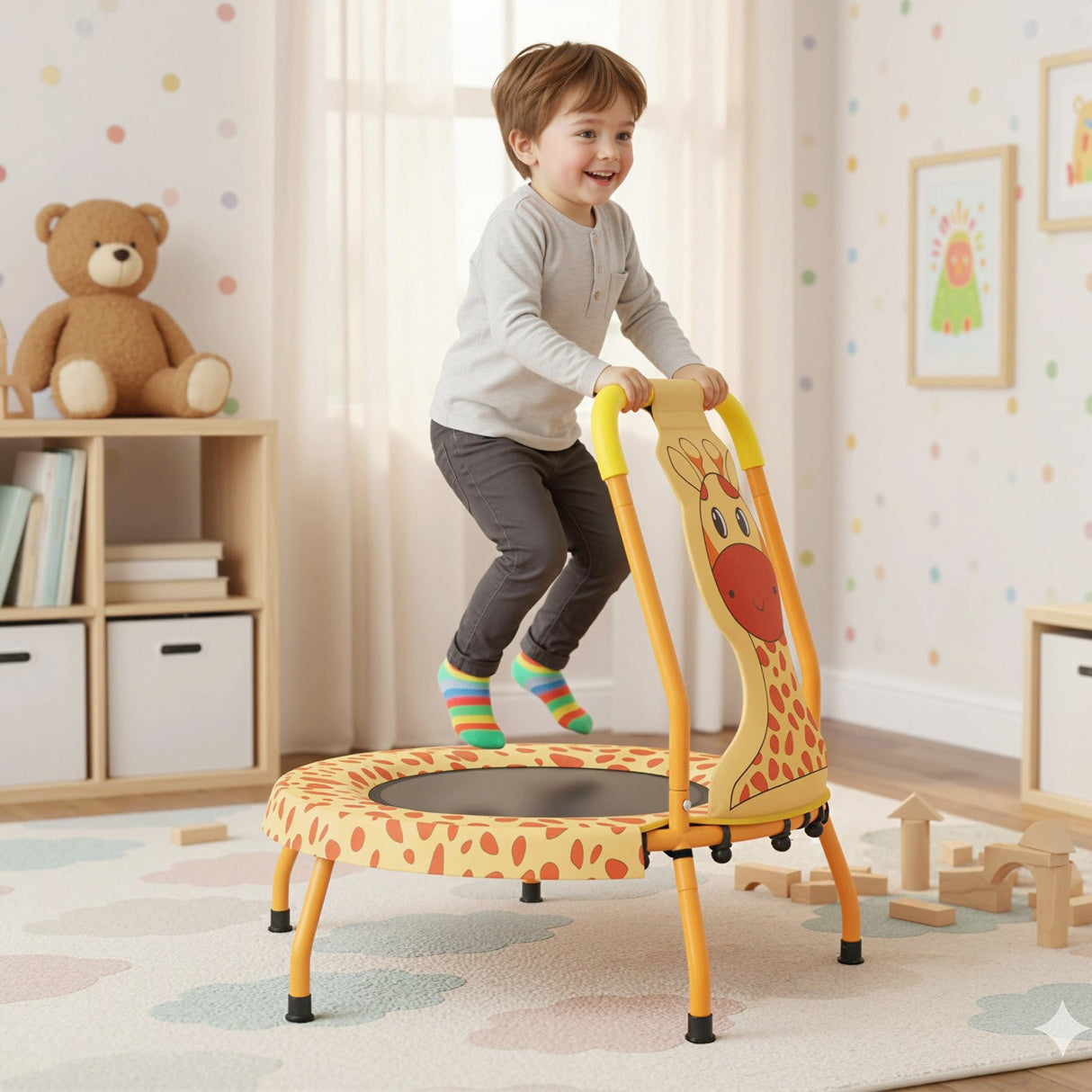 Minitrampolín para niños pequeños con mango acolchado de espuma y cubierta de seguridad acolchada
