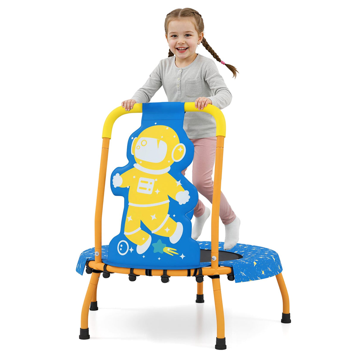Minitrampolín para niños pequeños con mango acolchado de espuma y cubierta de seguridad acolchada