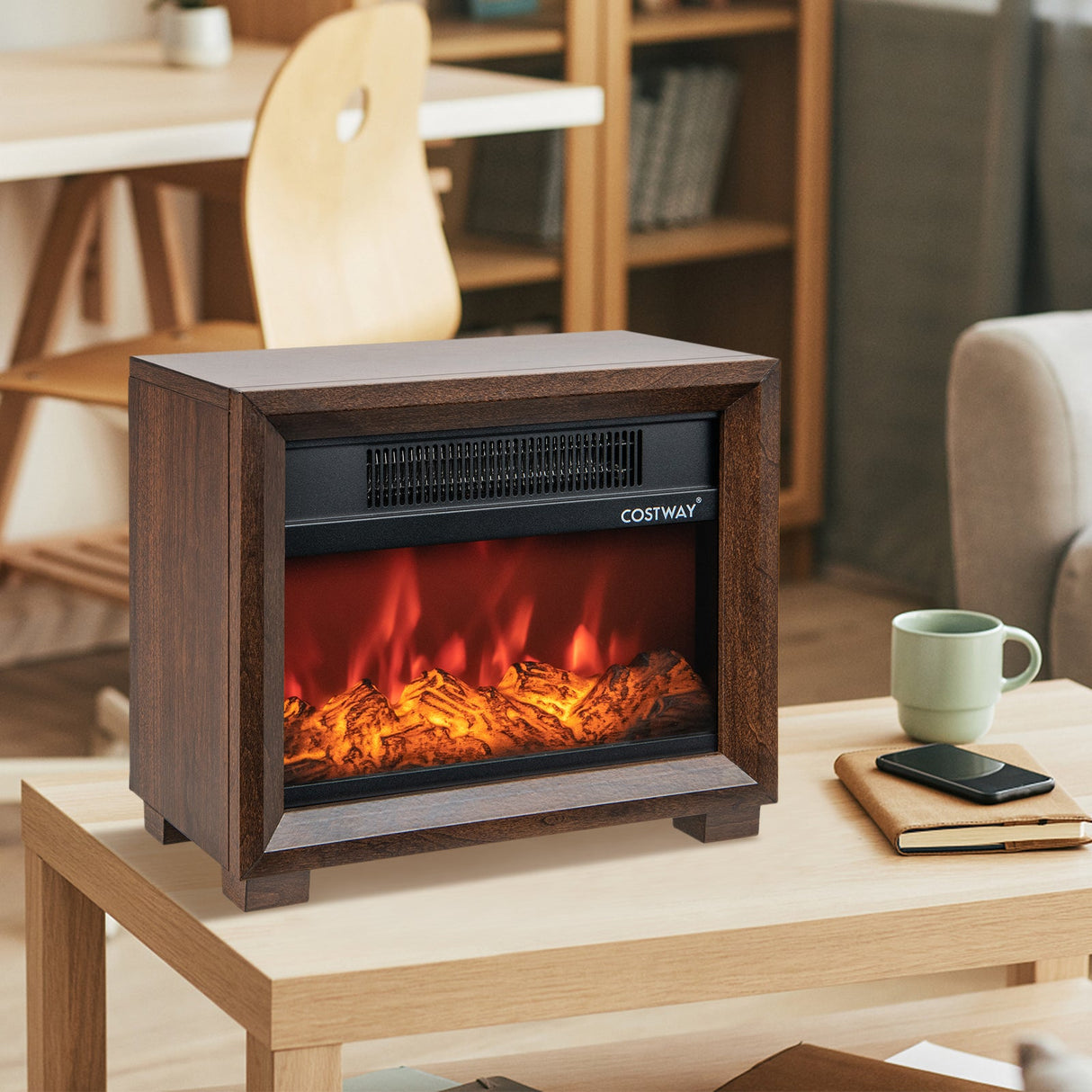 Mini chimenea de sobremesa de madera con efecto de llama realista