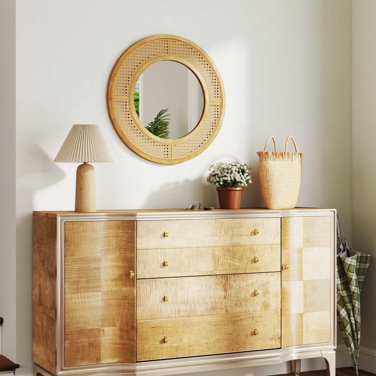 25.5 Inch Bohemian Round Wall Mounted Decorative Mirror with Wooden Frame-Natural
