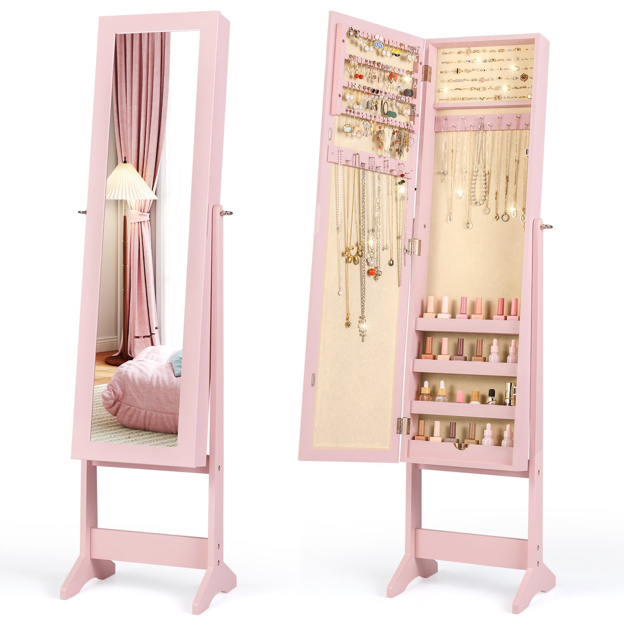 Gabinete de joyería de pie con espejo