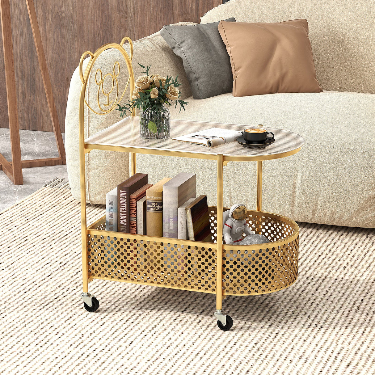 Mesa de centro móvil de cristal de 2 niveles con patrón de oso