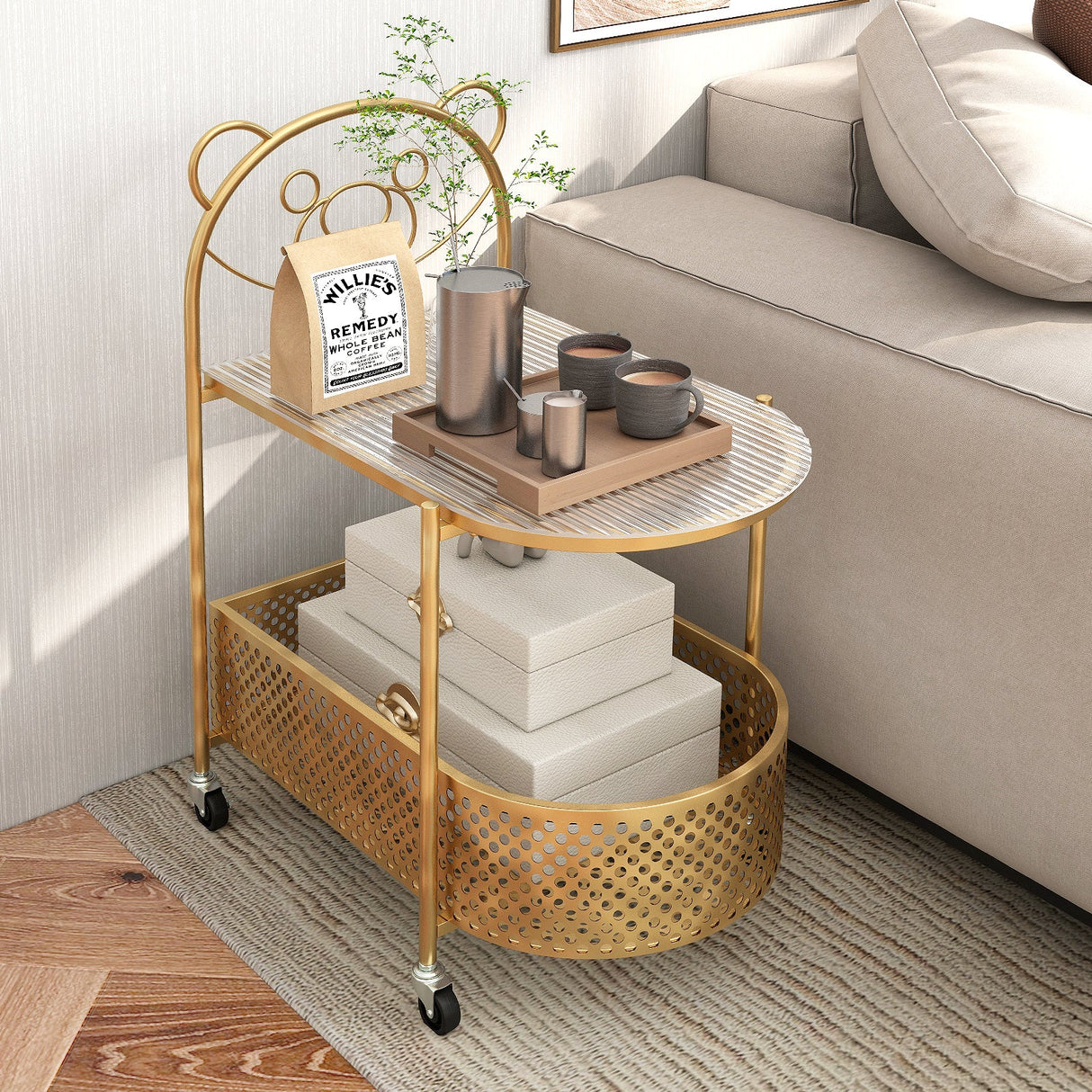 Mesa de centro móvil de cristal de 2 niveles con patrón de oso