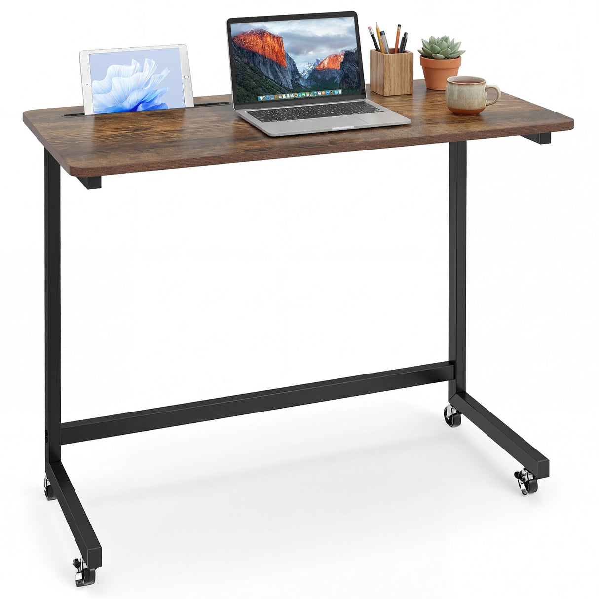 Mesa auxiliar móvil Carrito de escritorio con ruedas para laptop con ranura para tablet - Marrón rústico