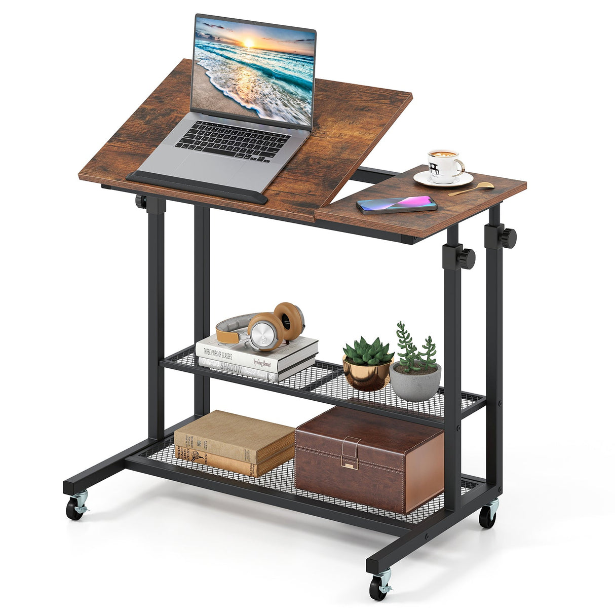 Mesa de pie móvil de altura ajustable con tablero inclinable