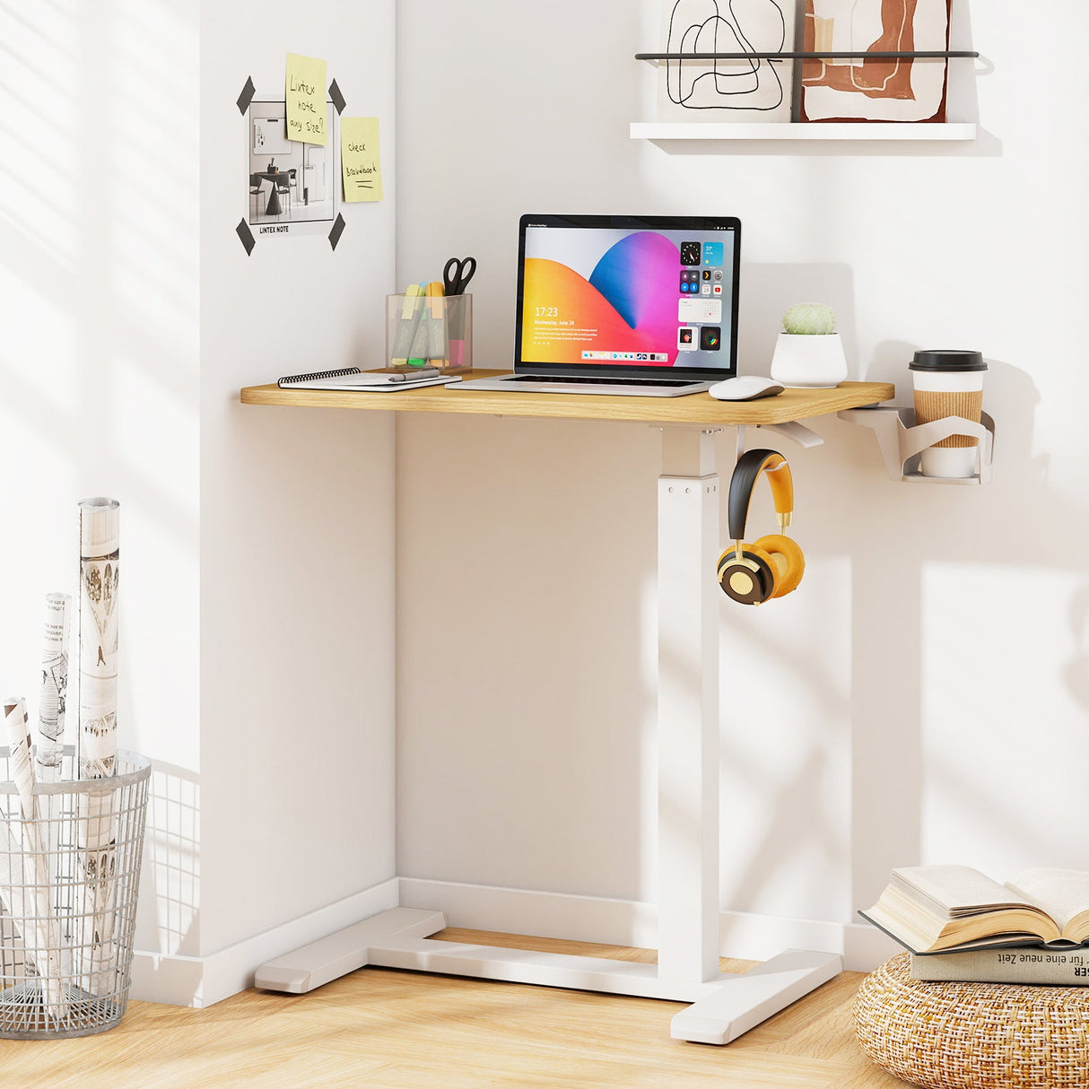 Mesa auxiliar de cama móvil de altura regulable con soporte para vasos