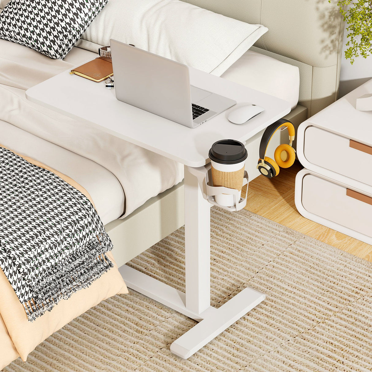 Mesa auxiliar de cama móvil de altura regulable con soporte para vasos
