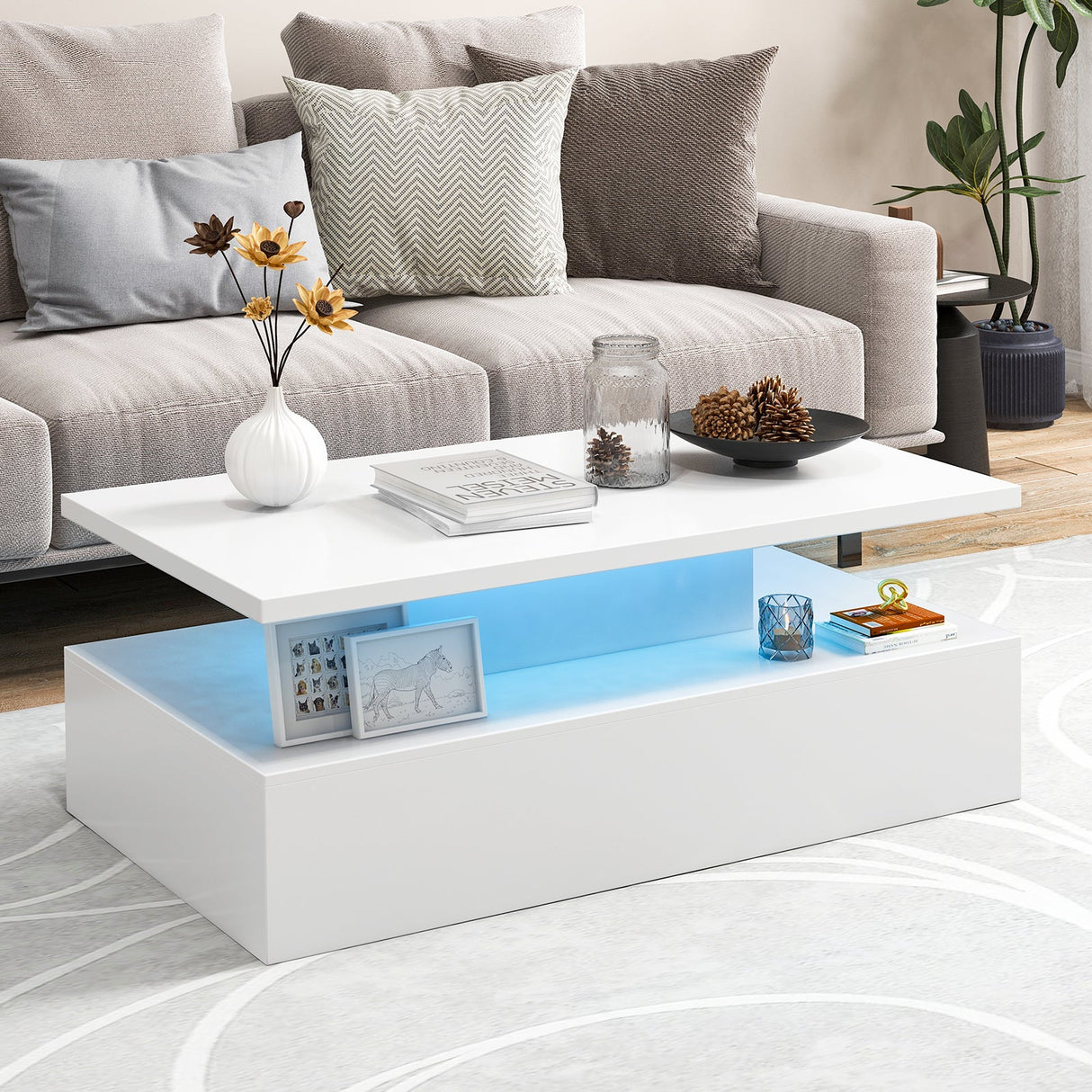 Mesa moderna de dos niveles con acabado brillante y colores de luz ajustables para sala de estar