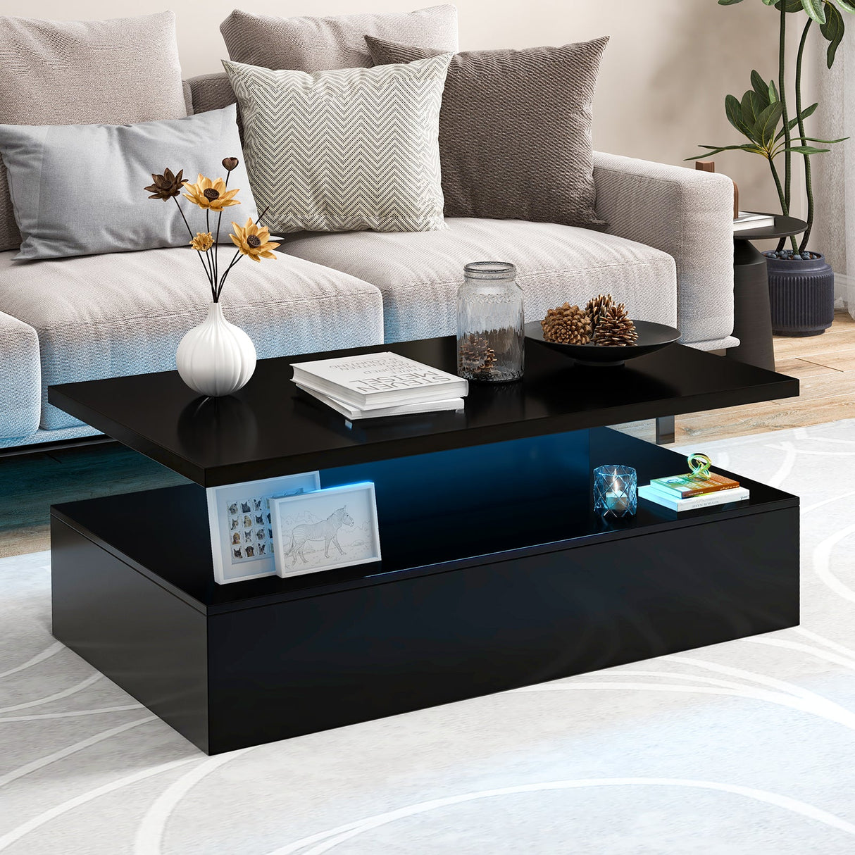 Mesa moderna de dos niveles con acabado brillante y colores de luz ajustables para sala de estar