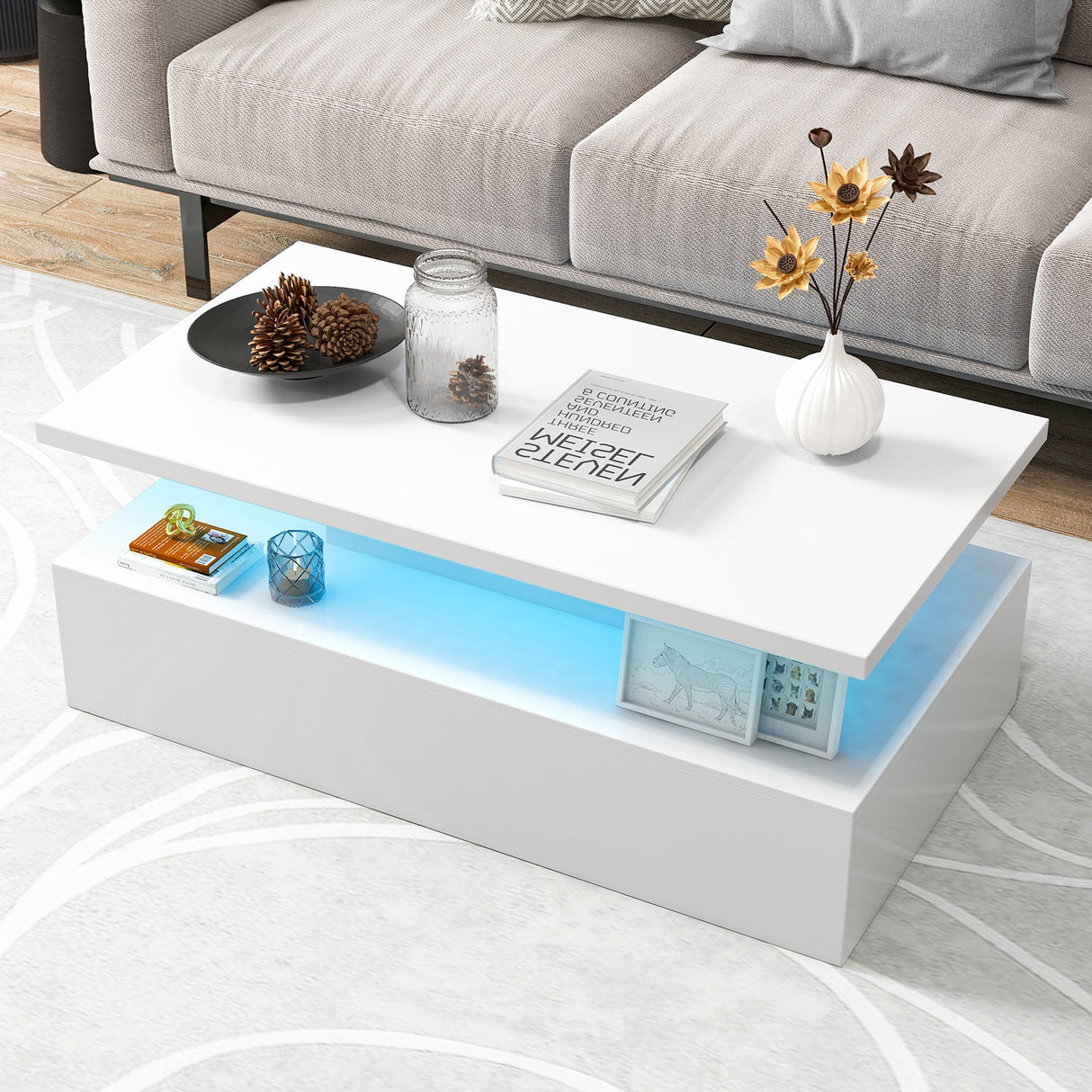 Mesa moderna de dos niveles con acabado brillante y colores de luz ajustables para sala de estar
