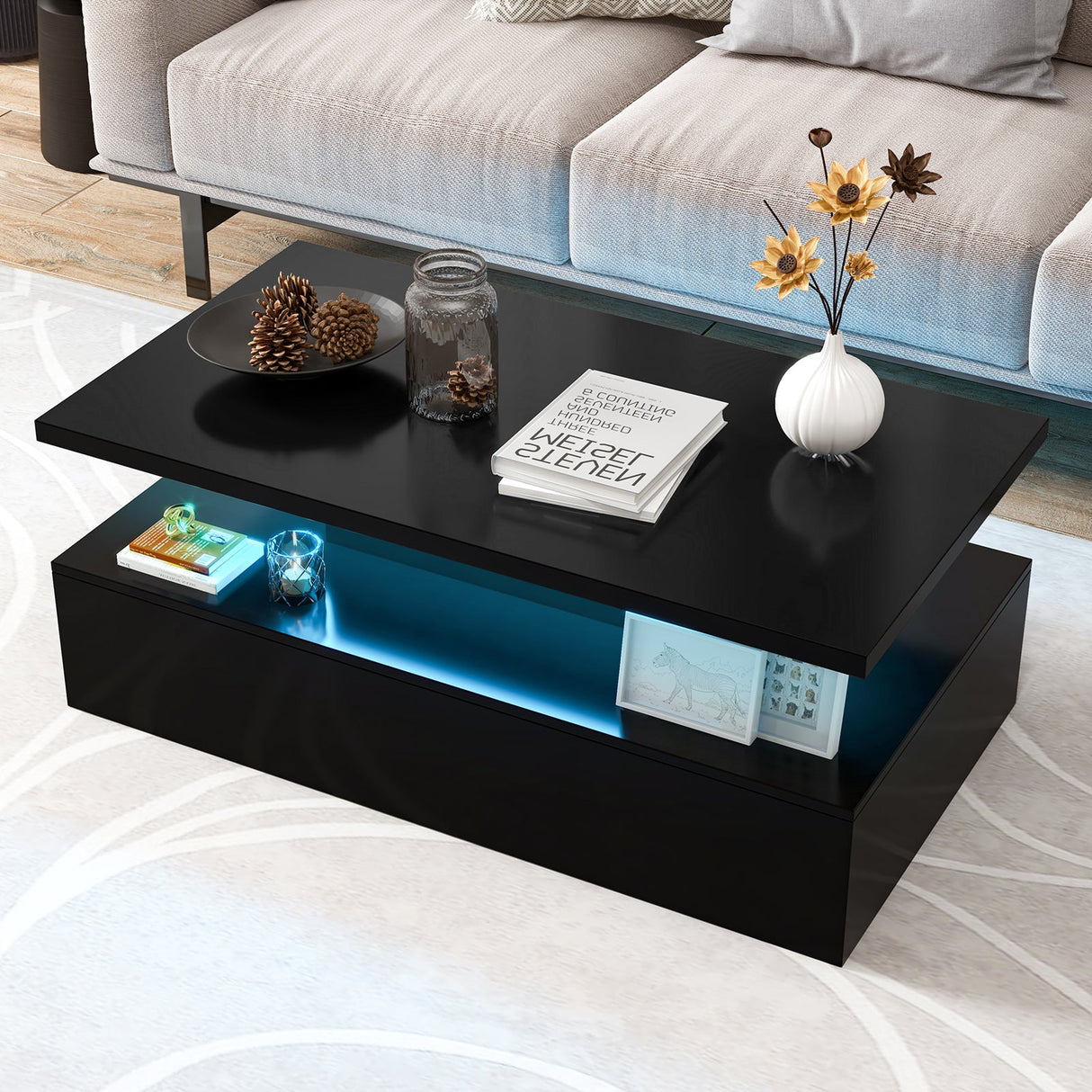 Mesa moderna de dos niveles con acabado brillante y colores de luz ajustables para sala de estar