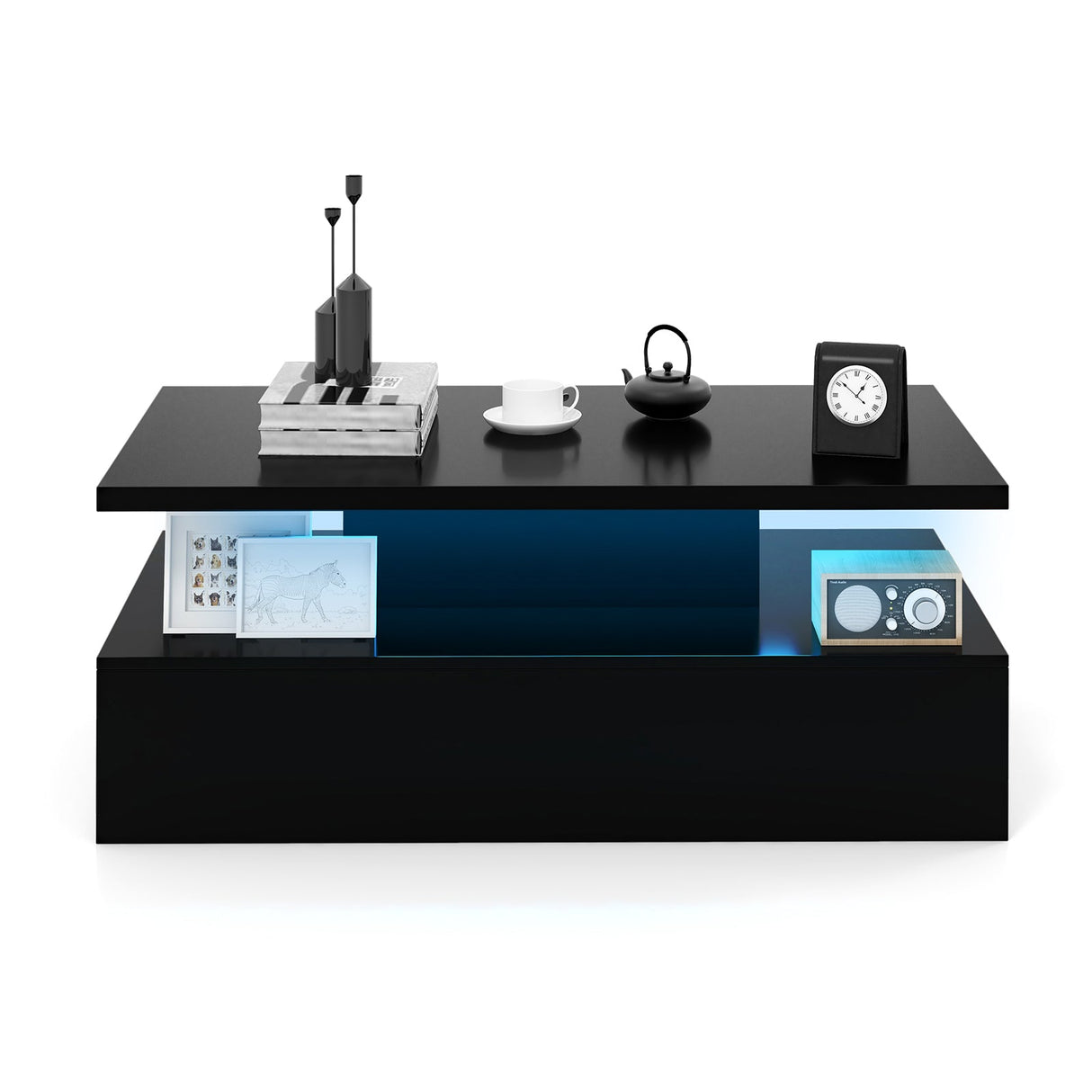 Mesa moderna de dos niveles con acabado brillante y colores de luz ajustables para sala de estar