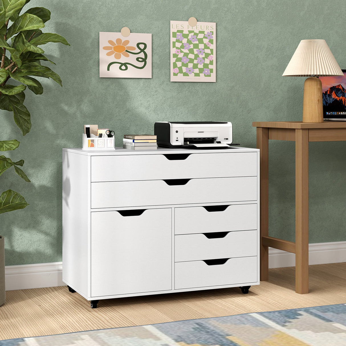 Cajonera móvil vertical moderna de 5 cajones con puerta y 5 ruedas