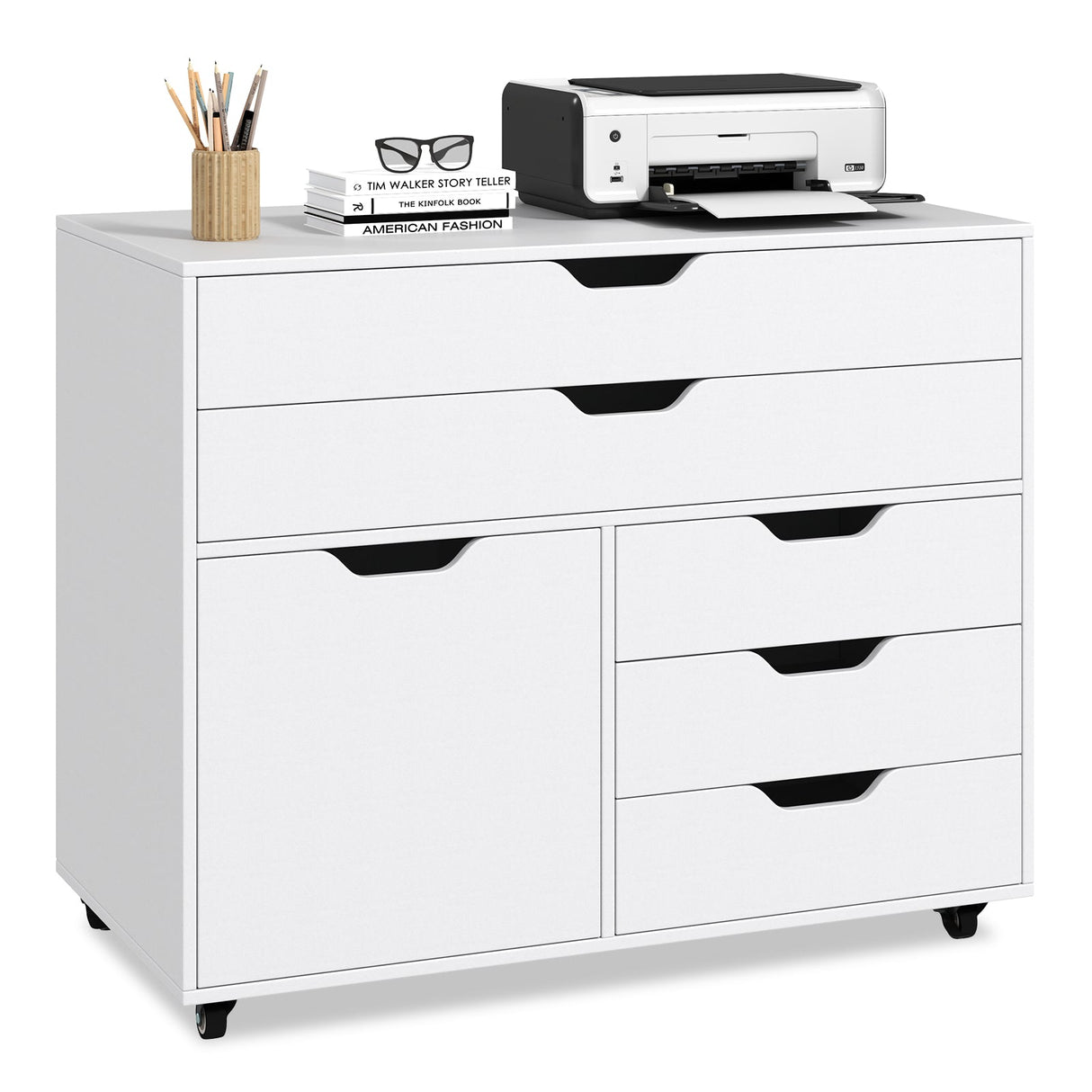 Cajonera móvil vertical moderna de 5 cajones con puerta y 5 ruedas