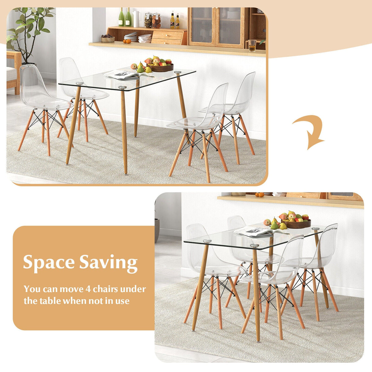 Juego de comedor rectangular de 5 piezas con tablero de cristal de 51 pulgadas