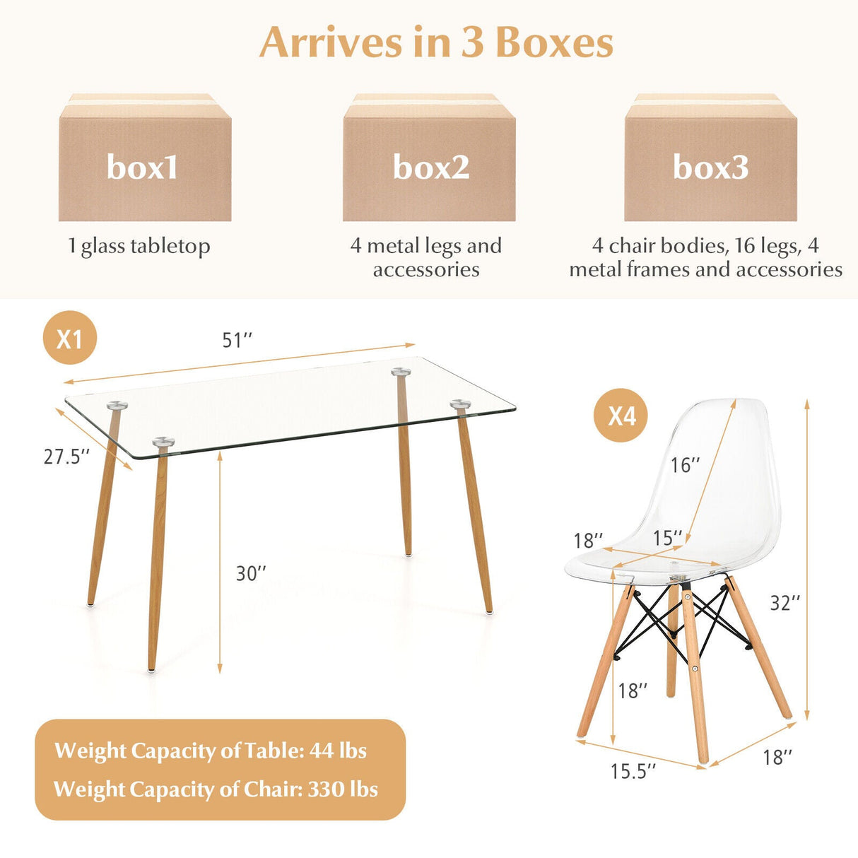 Juego de comedor rectangular de 5 piezas con tablero de cristal de 51 pulgadas