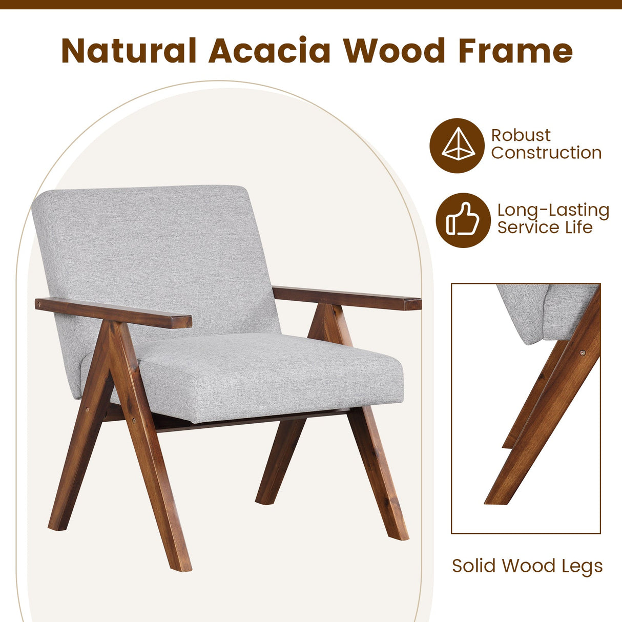 Sillón moderno de tela de lino con estructura de madera maciza de acacia