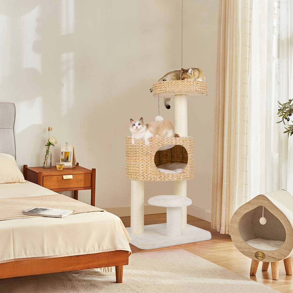 Torre Moderna para Gatos, Árbol para Gatos con Plataforma Superior, Condominio de Felpa de Espiga de Gato-Natural