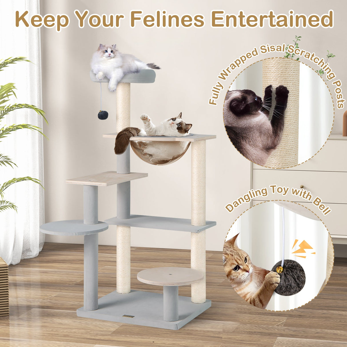 Árbol de gato moderno de 44 pulgadas, torre de gato de varios niveles con percha superior acolchada extraíble - Natural