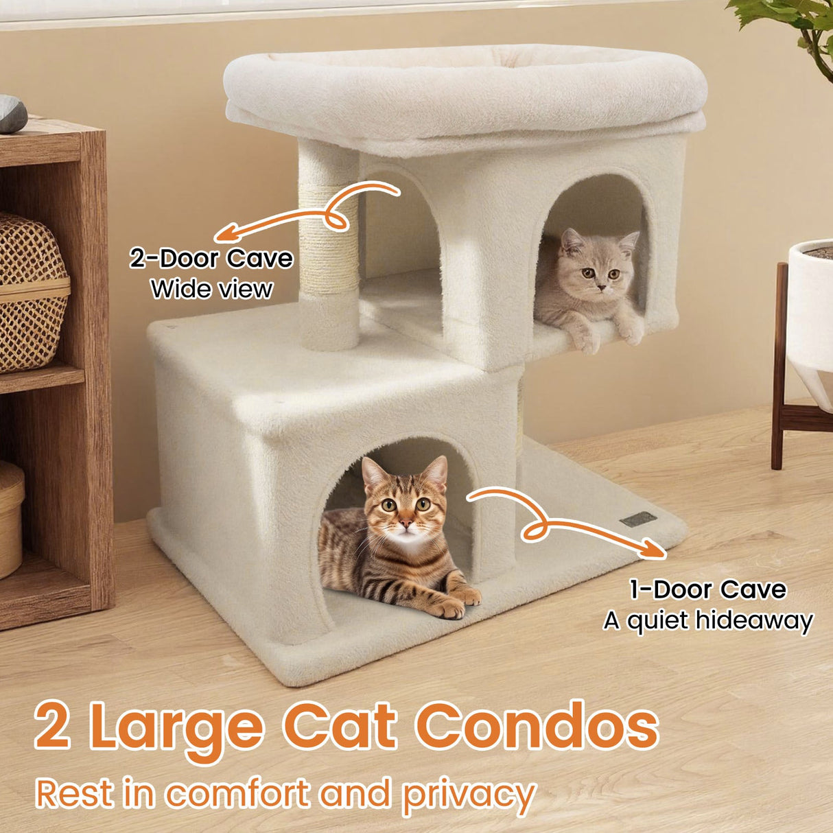 Árbol rascador moderno para gatos con rascador de ahorro de espacio con percha tapizada y 2 condominios para gatos