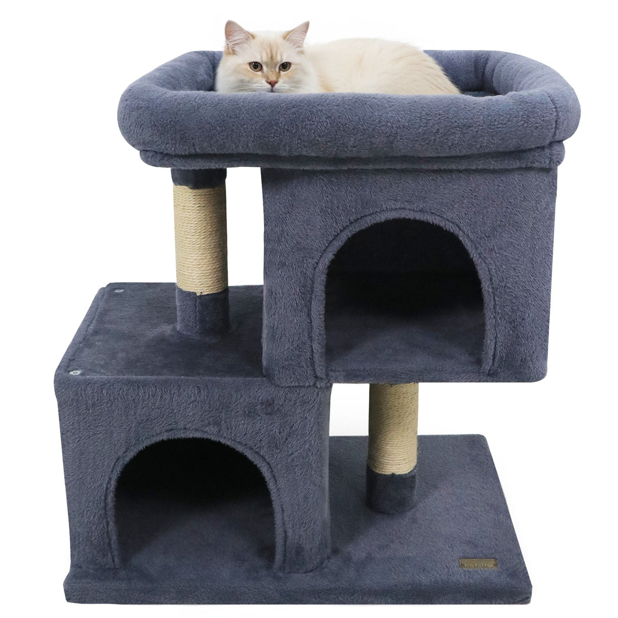 Árbol rascador moderno para gatos con rascador de ahorro de espacio con percha tapizada y 2 condominios para gatos
