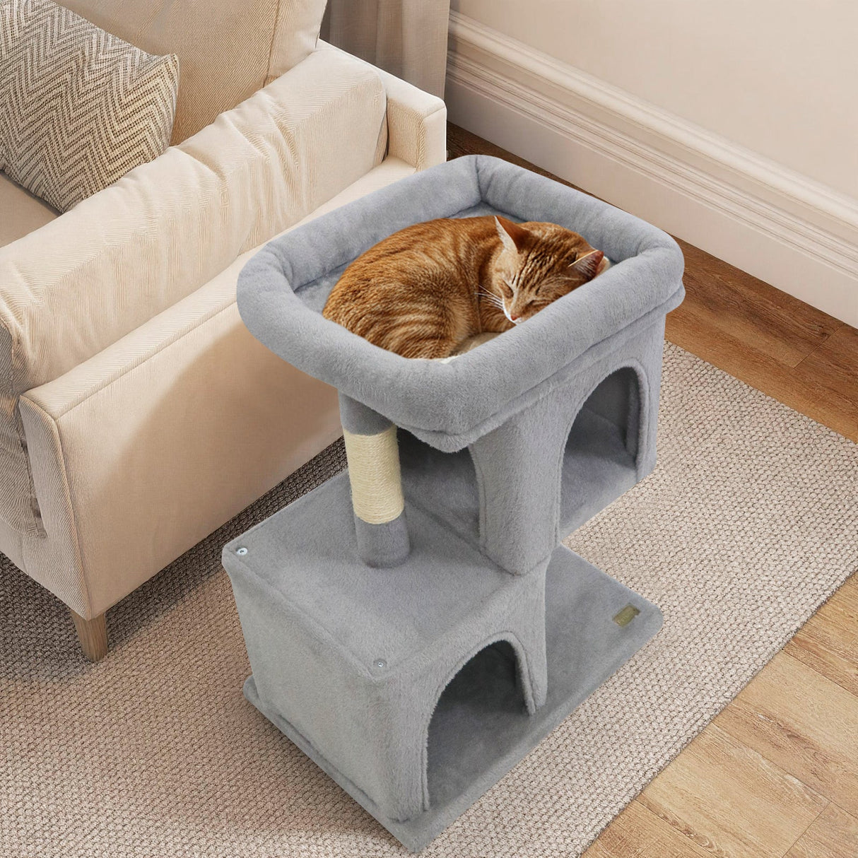 Árbol rascador moderno para gatos con rascador de ahorro de espacio con percha tapizada y 2 condominios para gatos