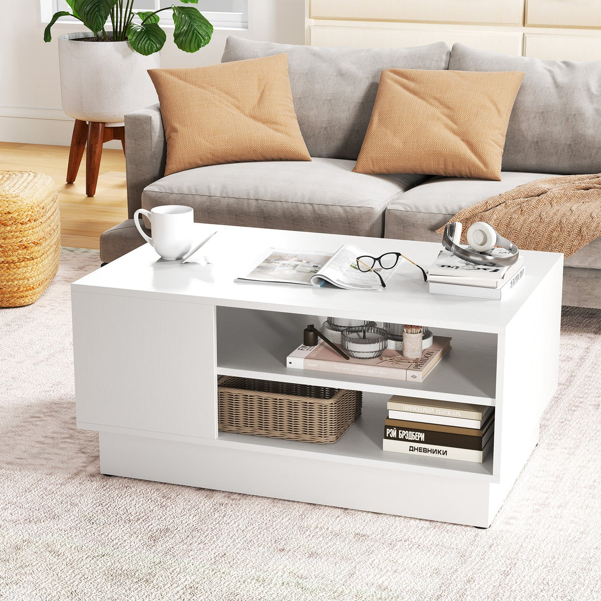 Mesa de centro moderna con estantes abiertos de 2 niveles-Blanco