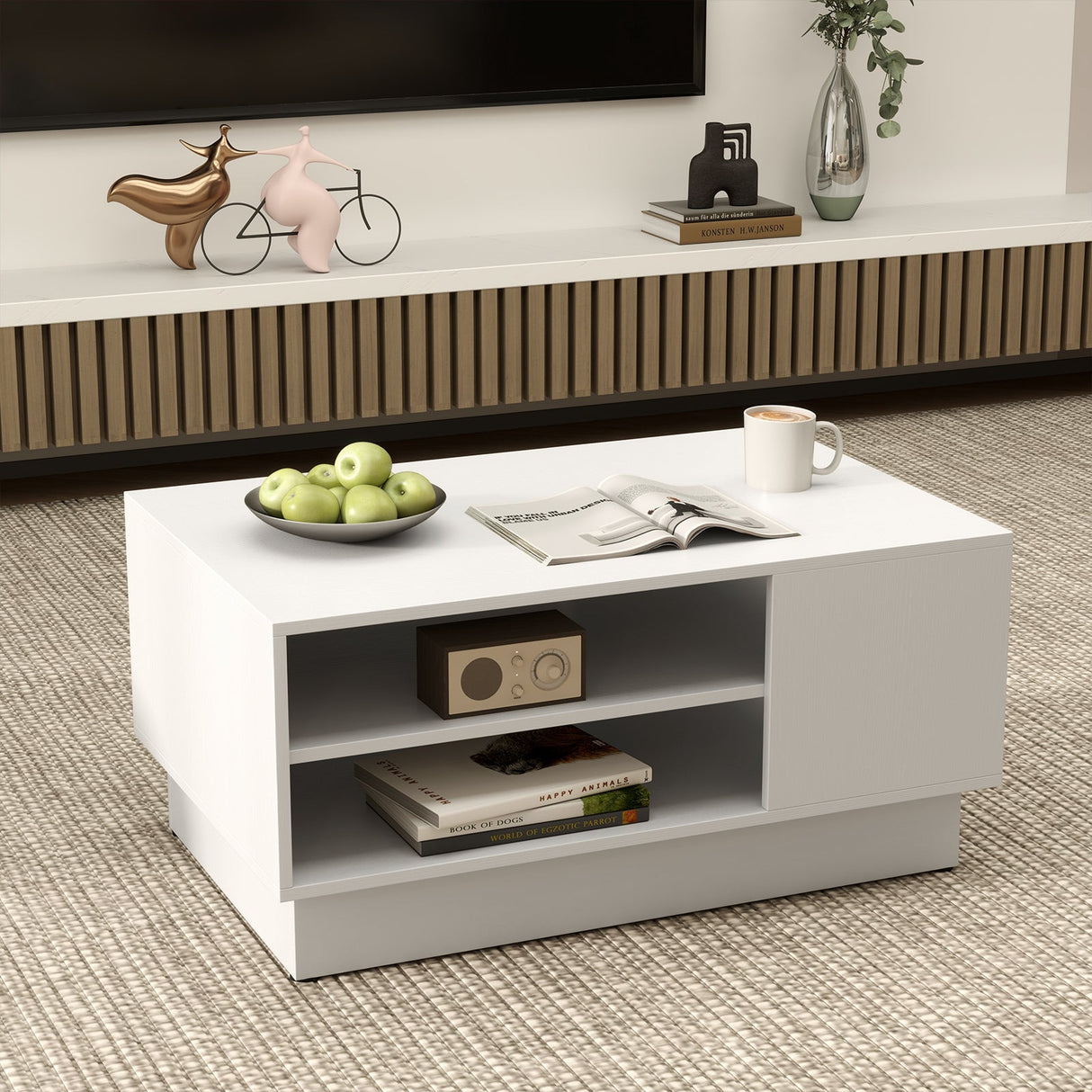 Mesa de centro moderna con estantes abiertos de 2 niveles-Blanco