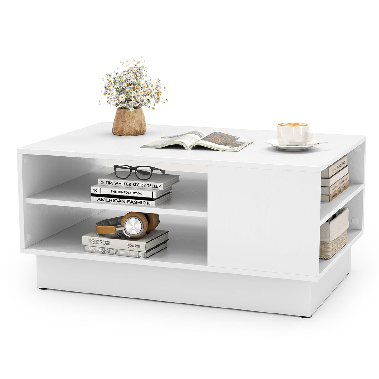 Mesa de centro moderna con estantes abiertos de 2 niveles-Blanco
